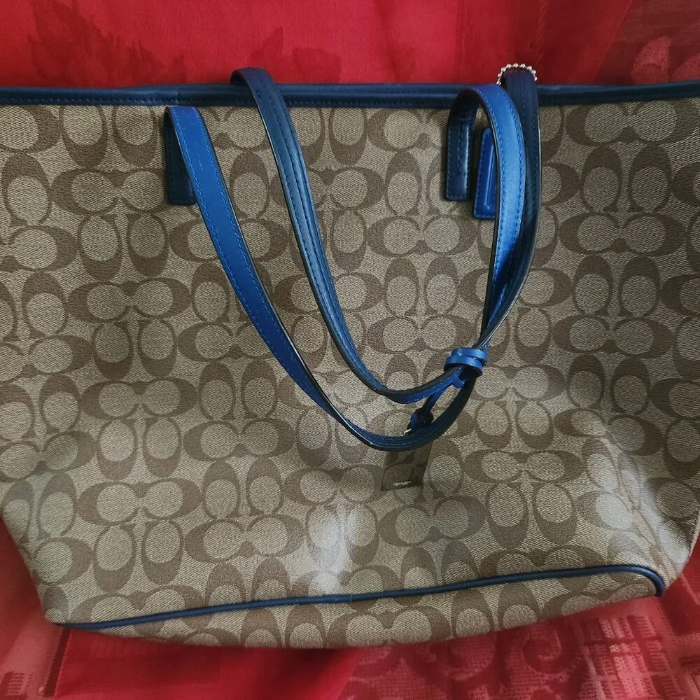 Coach Tan Signature Canvas Tote with Blue Trim - Picture 7 of 11